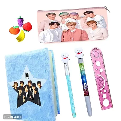 ARN 9pcs BTS Army Team Stationery Combo for Kids for School Bt-21 Water Glitter Pen Pencil BTS Dairy Fancy Eraser, Ruler for Kids Return Gift Party Favour Gift for Kids School Gift (Pink, White)