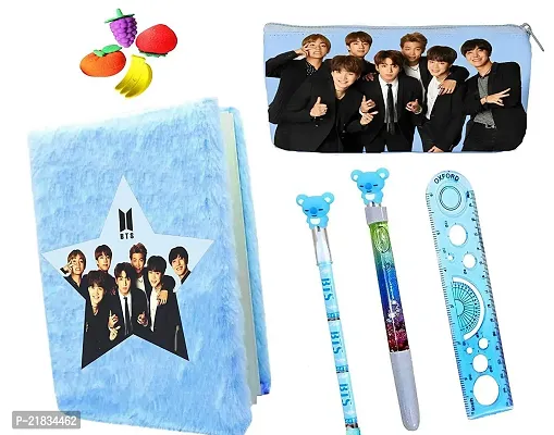 ARN 6Ps BTS Army Team School Stationery Set BTS Army Team Fur Diary Furry Notebook for Girls 1 BT-21 Pen, Pencil, 4 Eraser, 1 BTS Pencil Pouch Pencil Case Travel Pouch for Girls Gift (Style 1)