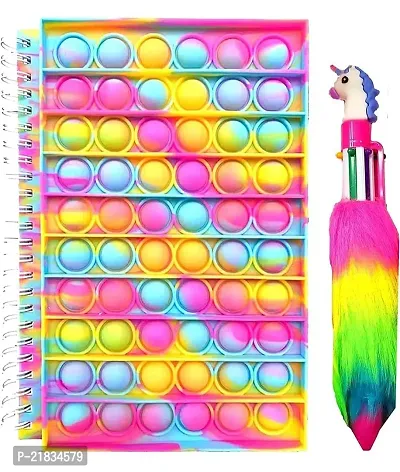 ARN Pop It Spiral Binding Diary for Girls, Pop Up Fidget Stress Relief Diary,120 Pages with and Unicorn Themed 6 in 1 Multicolor Fur Pen Combo Gift Set for Girls and Kids (Random Color)