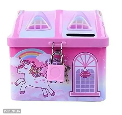 ARN Unicorn printed hut Shape Metal Coin Bank Piggy Bank for Kids with Lock and Key - Colour as per Availability 1 Piece(pink or blue) ( any one )-thumb0