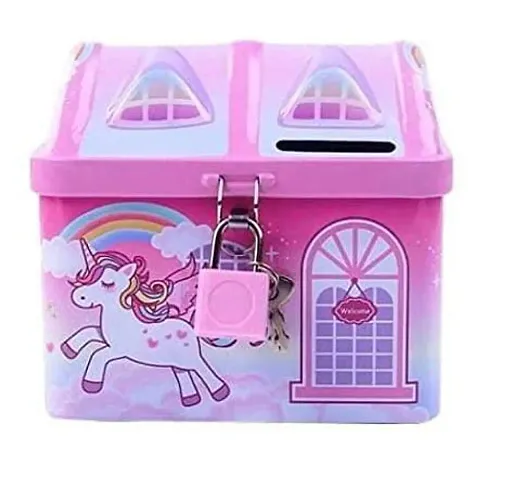 ARN Unicorn printed hut Shape Metal Coin Bank Piggy Bank for Kids with Lock and Key - Colour as per Availability 1 Piece(pink or blue) ( any one )