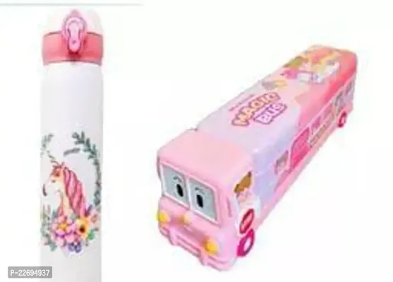 ARN UNICORN COMBO FOR KIDS WITH CUTE BUS SHAPE METAL PENCIL BOX WITH MOVING TYRES N INTERNAL SHARPNER AND UNICORN CUTE WATER BOTTLE FOR KIDS BEST COMBO SET ( BEST PARTY GIFT AND RETURN GIFT FOR KIDS