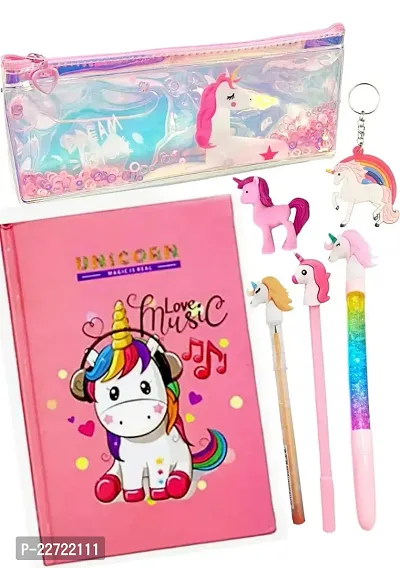 JUST NIDZ Combo of Unicorn Glitter Pouch with Unicorn dairy, Unicorn eraseer, Keychain, unicorn Pencil, Gel pen and Glitter pen (Pack of 7)