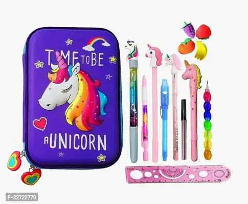 JUST NIDZ Pack of 17 Pcs Combo of Unicorn Stationery Gift Set for Kids 3D Unicorn Big Pouch for Girls Large Capacity Geometry Box with Pens, Pencil, Eraser, Scale School Stationery Set for Kids