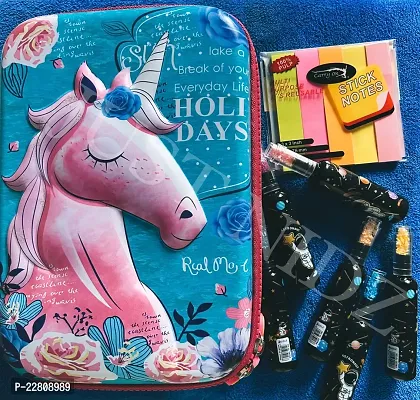 JUST NIDZ Combo of Unicorn Pencil Case with Space Bottle Highlighters and Stick Notes