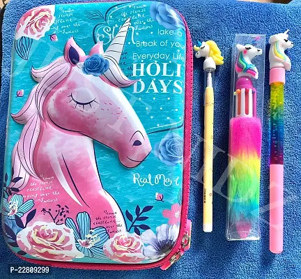 JUST NIDZ Unicorn Pencil Case for kids with Unicorn Fur Pen, Unicorn Pencil and Unicorn Glitter Gel Ink Pen-thumb0