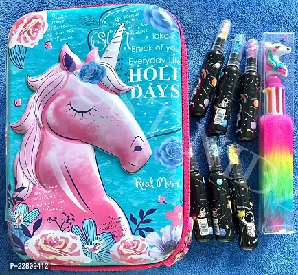 Unicorn Pencil Case for kids with Space Bottle Shape Highlighters, Rainbow Fur Pen (Combo Pack of 3)