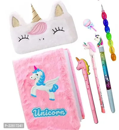 ARN 7pcs unicorn combo unicorn mini fur diary for girls, unicorn A6 Size furry notebook for girl with fur pencil box/case, unicorn pen, unicorn bullet pencil , eraser best return gift set (Combo 1)-thumb0