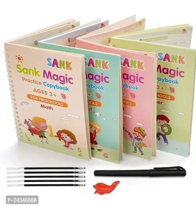 Sank Magic Practice Copybook, (4 BOOK + 10 REFILL+ 1 Pen +1 Grip) Number Tracing Book for Preschoolers with Pen, Magic Calligraphy Copybook Set Practical Reusable Writing Tool Simple Hand Lettering-thumb0