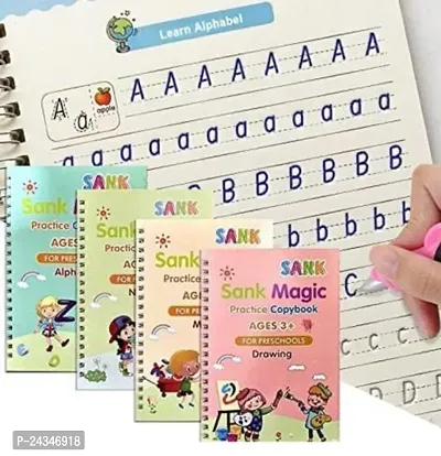 Sank Magic Practice Copybook, (4 BOOK + 10 REFILL+ 1 Pen +1 Grip) Number Tracing Book for Preschoolers with Pen, Magic Calligraphy Copybook Set Practical Reusable Writing Tool Simple Hand Lettering-thumb0