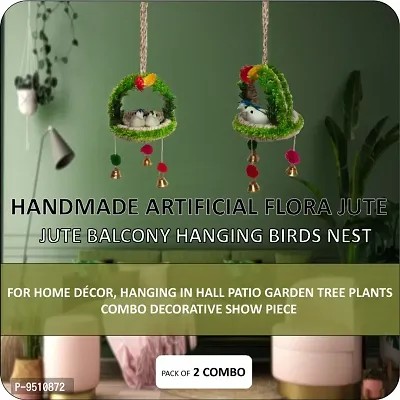 Home D&eacute;cor Artificial Hanging Jute Bird Nest Chidiyan Ka Ghosla for Balcony and Garden Decorative Showpiece Pack of 2