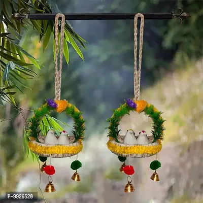 Home D&eacute;cor Artificial Hanging Jute Birds Nest with Bell for Balcony and Garden Yellow Combo-thumb0