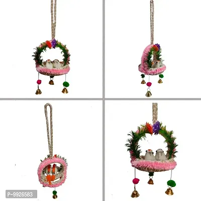 The Shine Store Home D&eacute;cor Artificial Hanging Jute Birds Nest with Bell for Balcony and Garden Pink Combo-thumb4