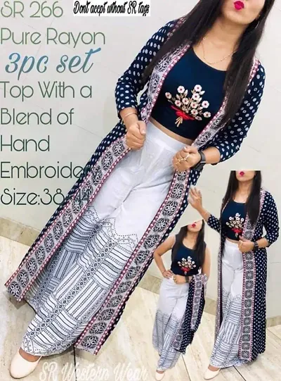 Imported Stretchable 3 Piece Set With Removable Shrug Embroidery Work