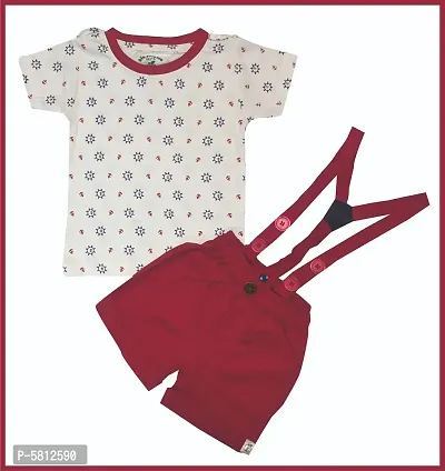 Stylish White Cotton Printed Top with Dungarees Set For Infants
