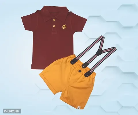Stylish Maroon Cotton Self Pattern Polos with Dungarees Set For Infants