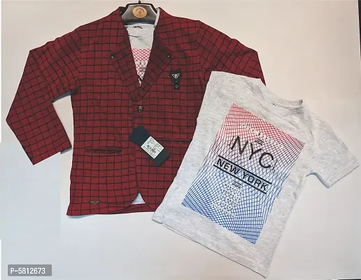 Trendy Red Cotton Self Pattern Top with Blazer Set For Boys