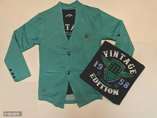 Trendy Green Cotton Self Pattern Top with Blazer Set For Boys