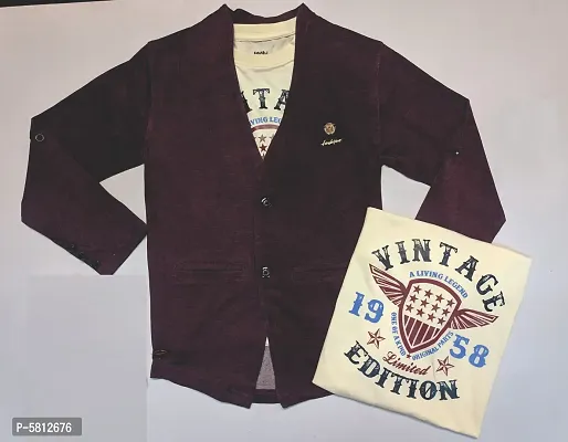 Trendy Maroon Cotton Self Pattern Top with Blazer Set For Boys