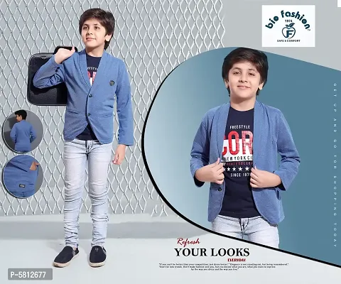 Trendy Blue Cotton Self Pattern Top with Blazer Set For Boys