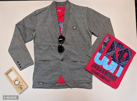 Trendy Grey Cotton Self Pattern Top with Blazer Set For Boys-thumb0