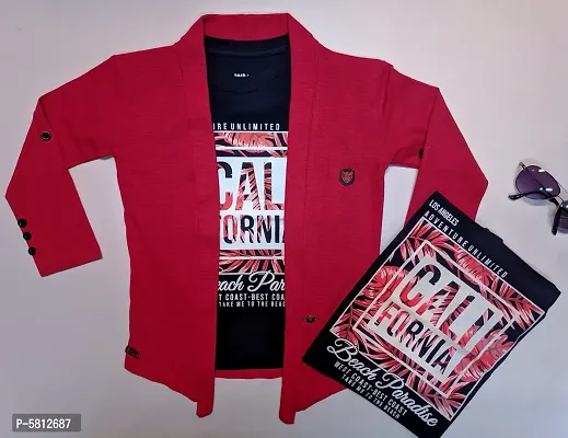 Trendy Red Cotton Self Pattern Top with Blazer Set For Boys