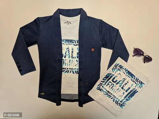 Trendy Navy Blue Cotton Self Pattern Top with Blazer Set For Boys