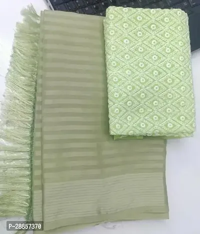 Stylish Georgette Green Striped Saree with Blouse piece For Women