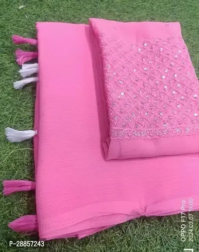 Stylish Chiffon Pink Embroidered Saree with Blouse piece For Women-thumb0