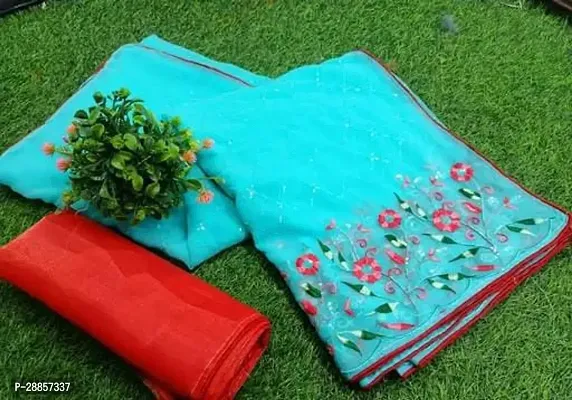 Stylish Georgette Turquoise Embroidered Saree with Blouse piece For Women