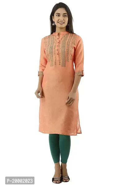 ROZ TEXTILES Handloom Peach Orange Colour Straight Casual Kurta For Women/Girls (Large)-thumb0