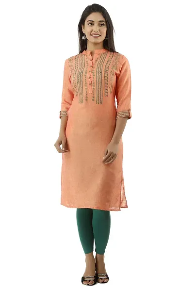 ROZ TEXTILES Handloom Peach Orange Colour Straight Casual Kurta For Women/Girls (Large)