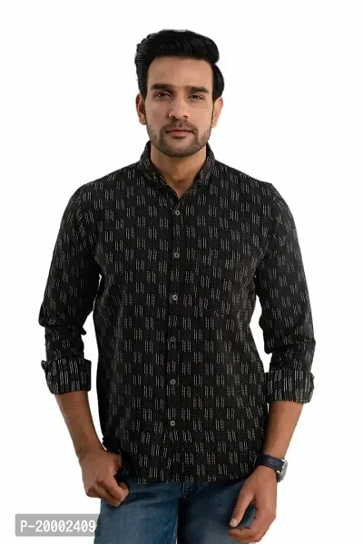 ROZ TEXTILES Men Handloom Cotton Shirts for Men Slim Fit Coller Pettern Full Sleeves Shirt (2X-Large, Black)