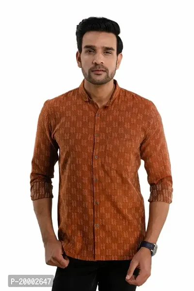 ROZ TEXTILES Men Handloom Cotton Shirts for Men Slim Fit Coller Pettern Full Sleeves Shirt (Medium, Orange)