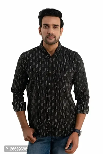 ROZ TEXTILES Men Handloom Cotton Shirts for Men Slim Fit Coller Pettern Full Sleeves Shirt (Medium, Black)-thumb0