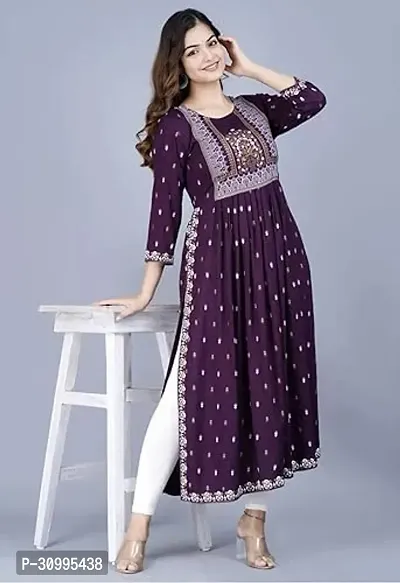 Women's Viscose Rayon Round Neck 3/4 Sleeve Printed Naira Cut Kurti-thumb4