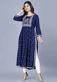 Women's Viscose Rayon Round Neck 3/4 Sleeve Printed Naira Cut Kurti-thumb2