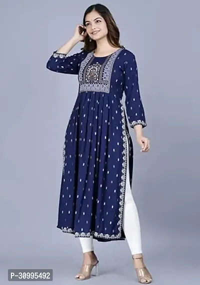 Women's Viscose Rayon Round Neck 3/4 Sleeve Printed Naira Cut Kurti-thumb3