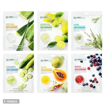 MIRABELLE COSMETICS KOREA Fairness Sheet Facial Mask (Aloe Vera, Berries, Cucumber, Herbs, Lemon, Papaya) -Combo Pack of 6