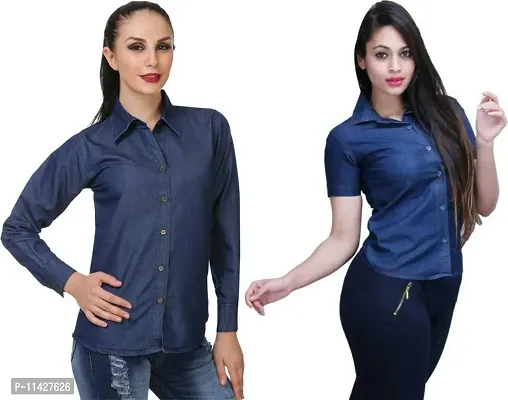 Stylish Fancy Roll- Up Sleeves Solid Denim Regular Fit Shirt Combo For Women Pack Of 2-thumb0