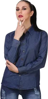 Stylish Fancy Roll- Up Sleeves Solid Denim Regular Fit Shirt Combo For Women Pack Of 2-thumb2