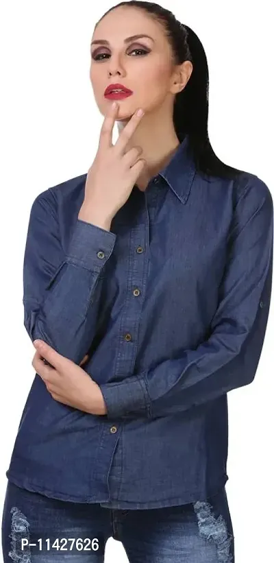 Stylish Fancy Roll- Up Sleeves Solid Denim Regular Fit Shirt Combo For Women Pack Of 2-thumb3