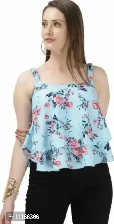 Elegant Turquoise Crepe Floral Print Top For Women