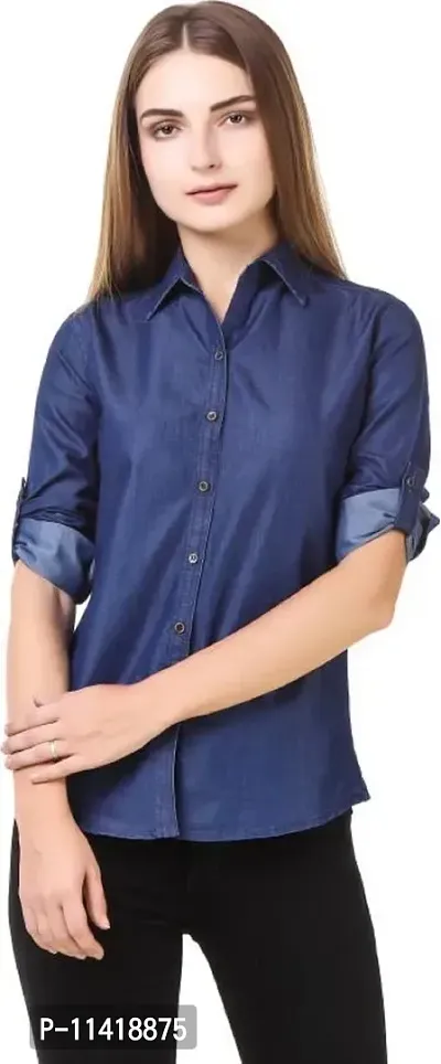 Stylish Fancy Denim Solid Regular Fit Shirt For Women-thumb0
