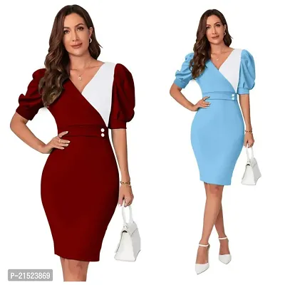 Stylish Knitted Polyester Self Pattern Bodycon Dress Combo For Women Pack Of 2-thumb0