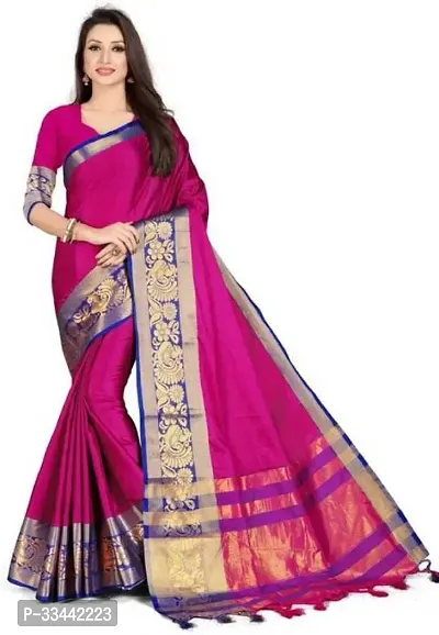 Stylish Pink Cotton Blend Woven Design Saree with Blouse piece For Women-thumb0