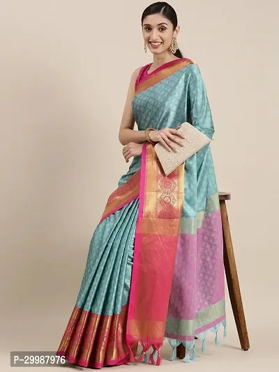 Stylish Turquoise Cotton Silk Saree with Blouse piece For Women-thumb0