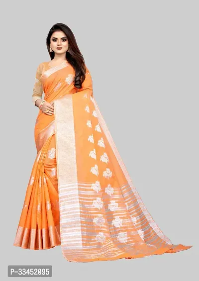 Stylish Orange Cotton Silk Saree With Blouse Piece For Women-thumb0