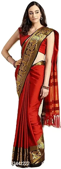 Stylish Red Cotton Blend Woven Design Saree with Blouse piece For Women-thumb0