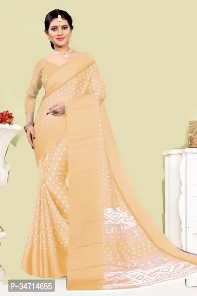 Beautiful Silk Blend Beige Printed  Saree with Blouse piece For Women-thumb0